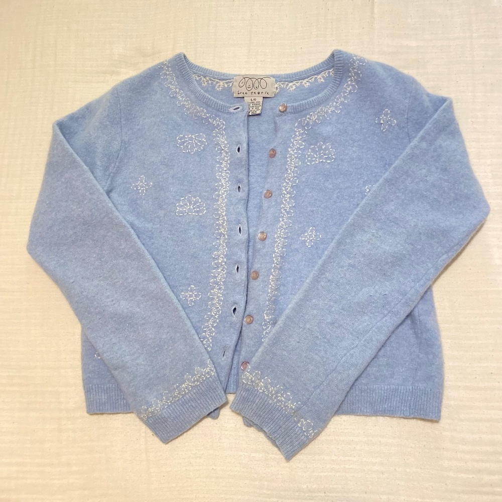 Vintage Embroidered Light Blue Free People Wool Cardigan Size Large